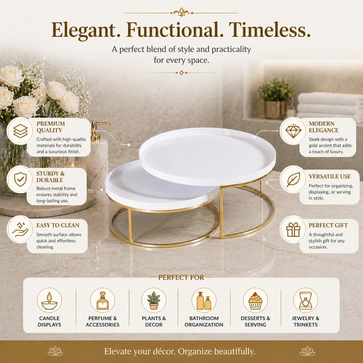 Luxury Dessert Display Stand Set for Cakes, Cupcakes & Pastries | Modern Gold Rim Serving Tray with Elegant Round Pedestal Design | Decorative Party, Bakery & Dining Table Display Stand