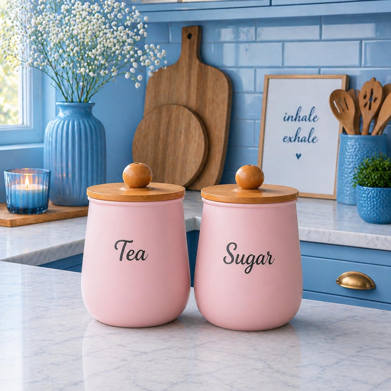 Pink Metal Tea Sugar Container Set | Airtight Kitchen Storage Canister with Wooden Lid | Tea Coffee Sugar Holder | Decorative Countertop Organizer for Modern Kitchen