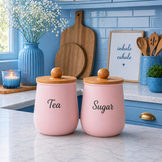 Pink Metal Tea Sugar Container Set | Airtight Kitchen Storage Canister with Wooden Lid | Tea Coffee Sugar Holder | Decorative Countertop Organizer for Modern Kitchen