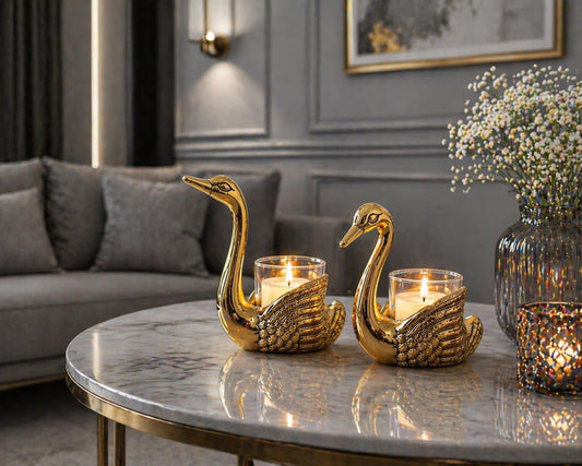 Elegant Aluminium Swan Candle Holder Set – Antique Gold Metal Swan Tealight Holder for Living Room Decor, Wedding Table Centerpiece & Romantic Home Decoration