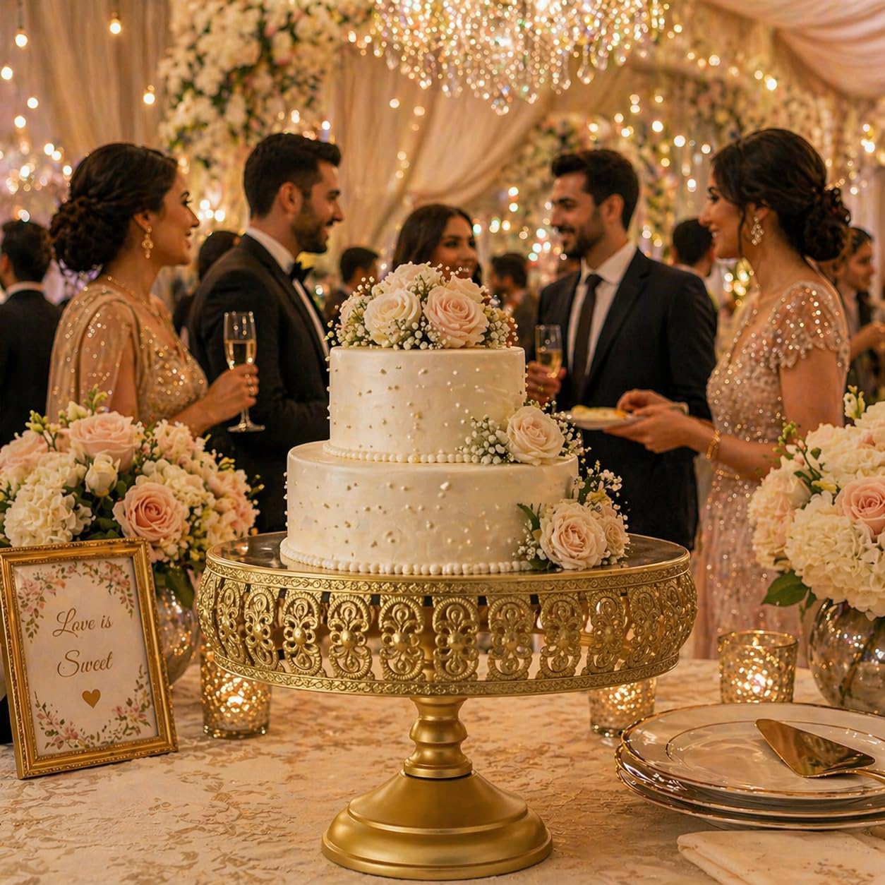 Antique Metal Cake Stand | Vintage Gold Pedestal Dessert Display | Ornate Engraved Royal Serving Platter for Wedding & Festive Styling