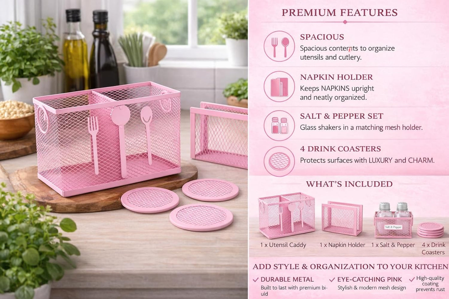 Pink Metal Cutlery Holder Set for Kitchen Counter & Dining Table | Modern Mesh Kitchen Organizer with Napkin Holder, Salt & Pepper Basket and Coasters | Stylish Pink Kitchen Accessories Storage Basket