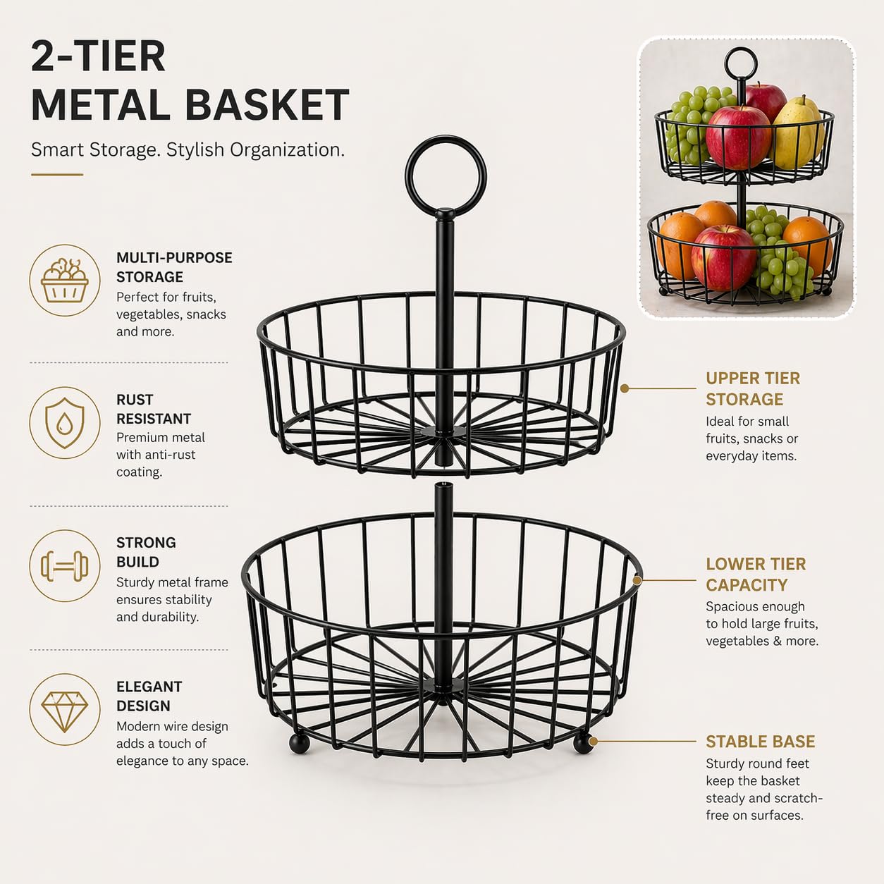 Modern 2 Tier Fruit Basket Stand – Metal Wire Fruit Holder for Kitchen Countertop | Multi-Purpose Storage Basket