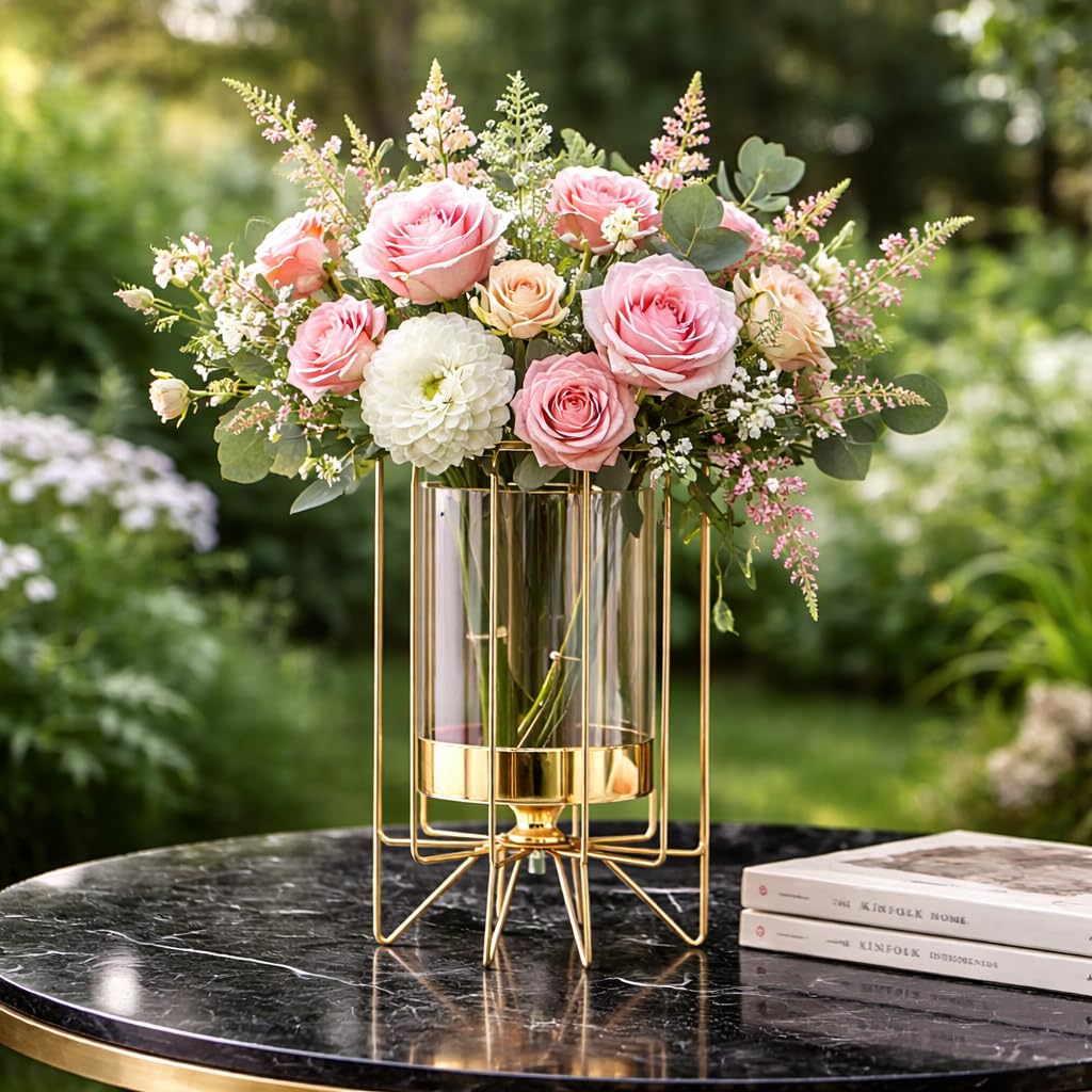 Modern Geometric Gold Vase with Glass Cylinder | Luxury Metal Frame Flower Vase for Elegant Living Room & Contemporary Home Decor