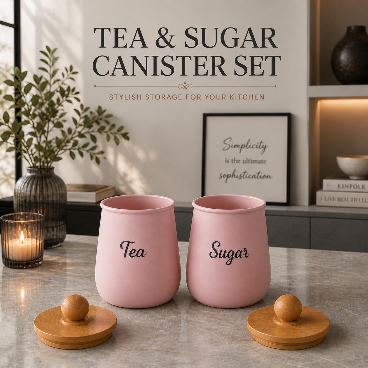 Pink Metal Tea Sugar Container Set | Airtight Kitchen Storage Canister with Wooden Lid | Tea Coffee Sugar Holder | Decorative Countertop Organizer for Modern Kitchen