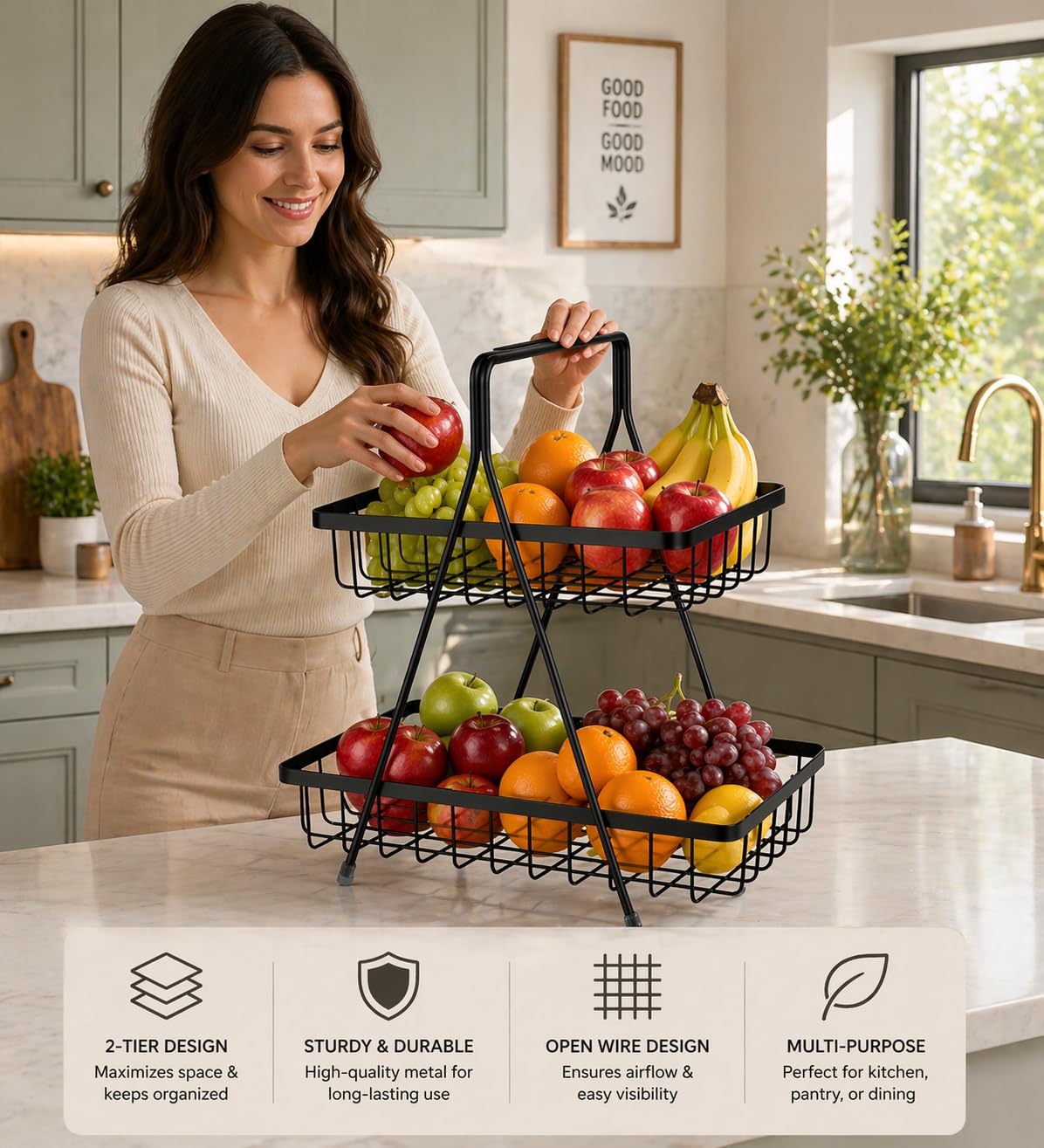 2 Tier Metal Kitchen Basket Stand – Black Countertop Organizer Rack, Fruit & Vegetable Storage, Multipurpose Space Saving Wire Basket for Kitchen & Pantry
