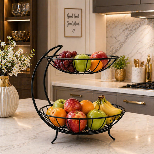2 Tier Fruit Basket Stand – Space Saving Metal Wire Fruit Holder for Kitchen Counter, Stylish Storage Organizer