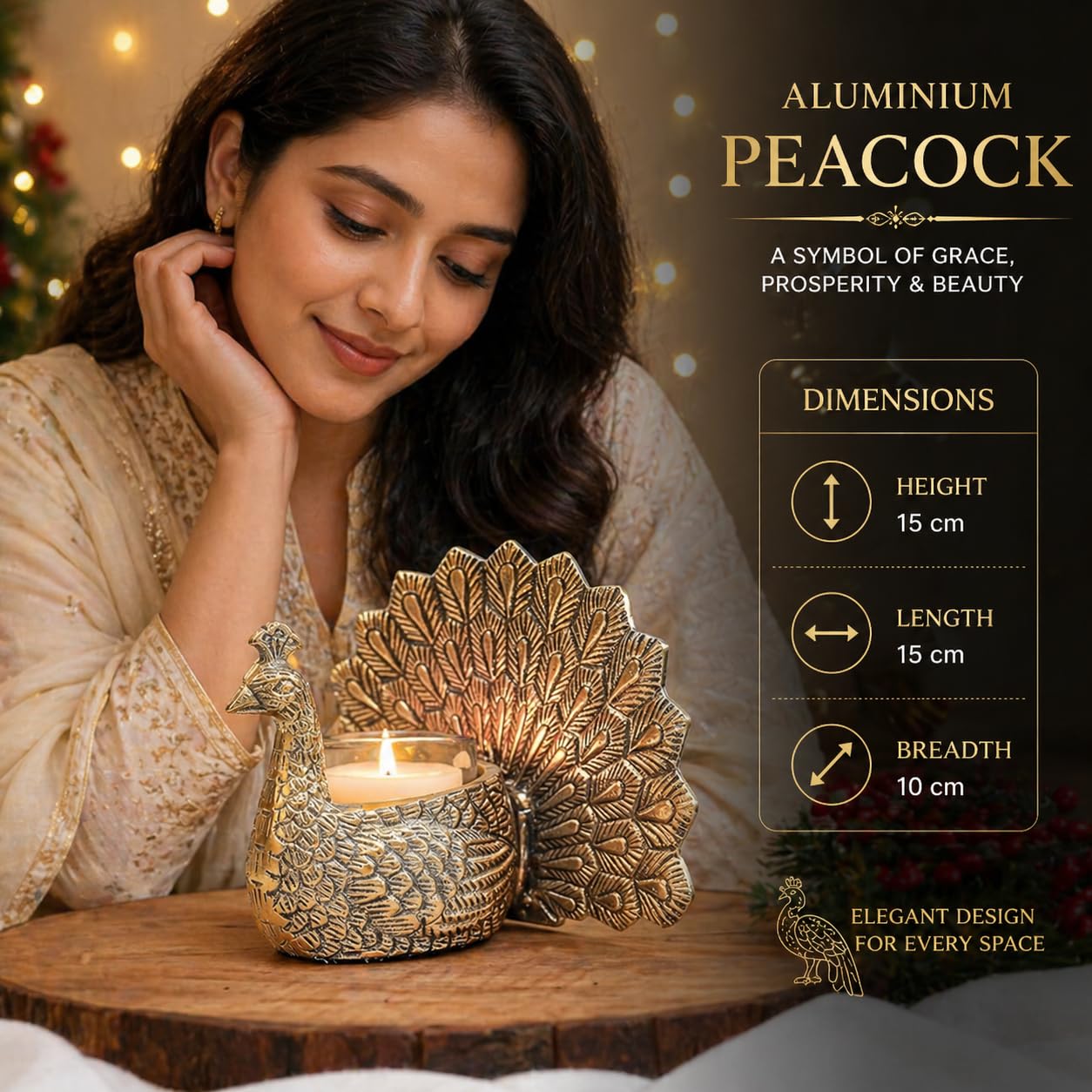 Aluminium Peacock Candle Holder – Antique Gold Embossed Metal Tealight Stand, Royal Peacock Diya for Diwali, Wedding & Elegant Home Decor