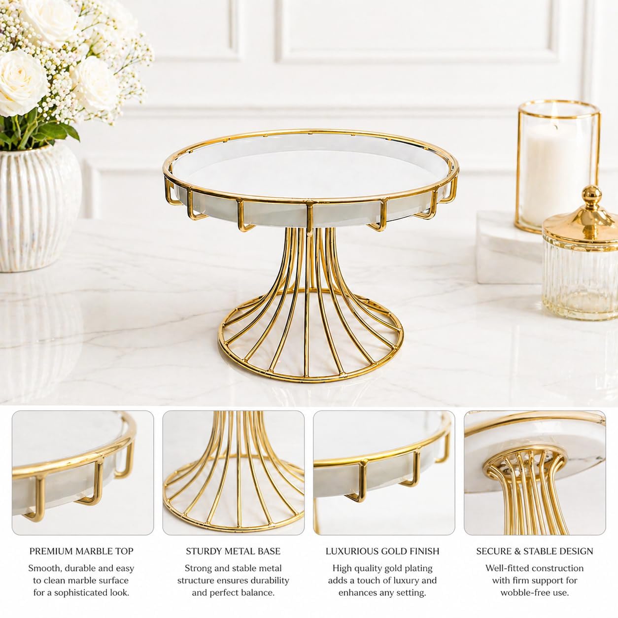 Premium White Cake Stand with Gold Finish Base | Round Dessert Serving Stand | Stylish Pedestal Display for Cakes & Cupcakes