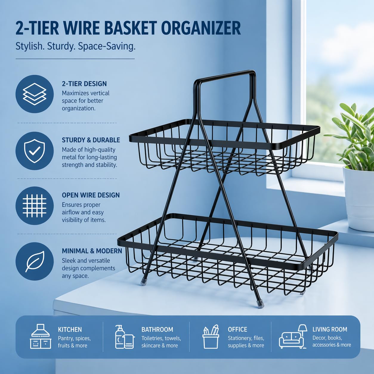 2 Tier Metal Kitchen Basket Stand – Black Countertop Organizer Rack, Fruit & Vegetable Storage, Multipurpose Space Saving Wire Basket for Kitchen & Pantry
