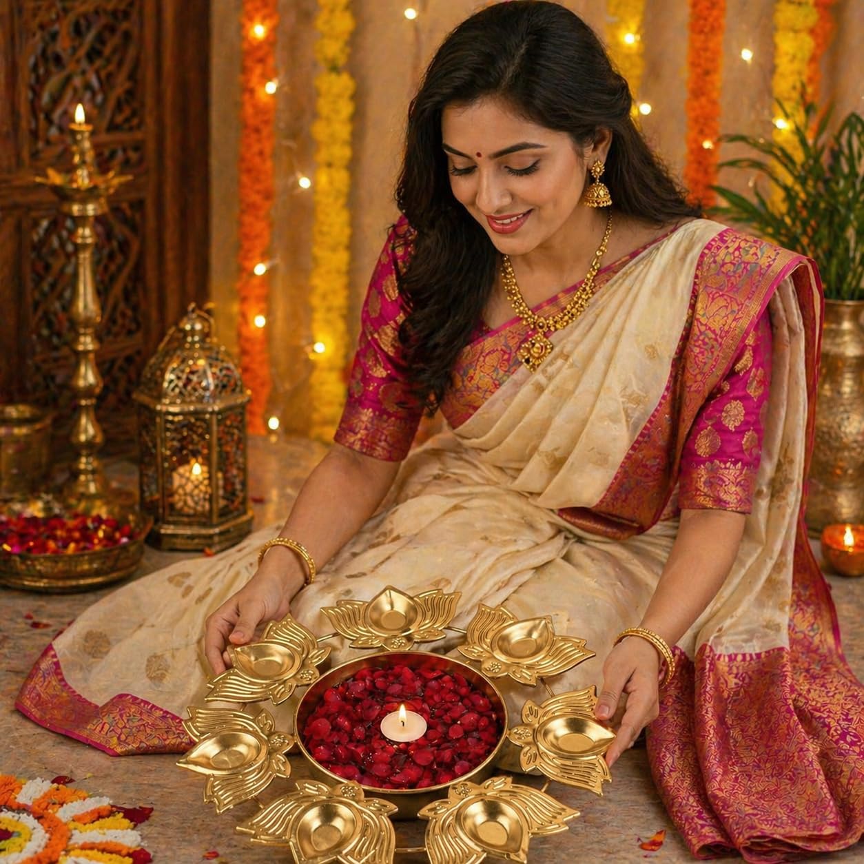 Lotus Diya Urli Bowl for Diwali Decoration | Decorative Metal Diya Urli with Floral Festival Design for Pooja Room, Wedding Centerpiece & Traditional Home Decor