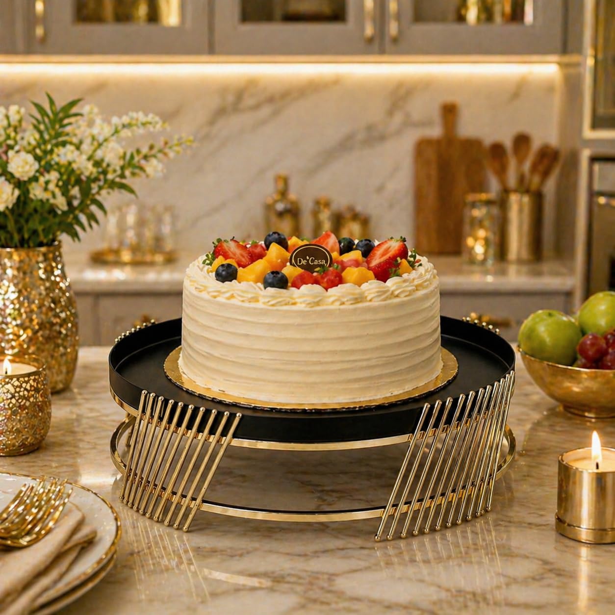 Luxury Metal Cake Stand | Black Round Dessert Display with Gold Finish Base | Elegant Serving Tray for Wedding, Birthday & Home Décor