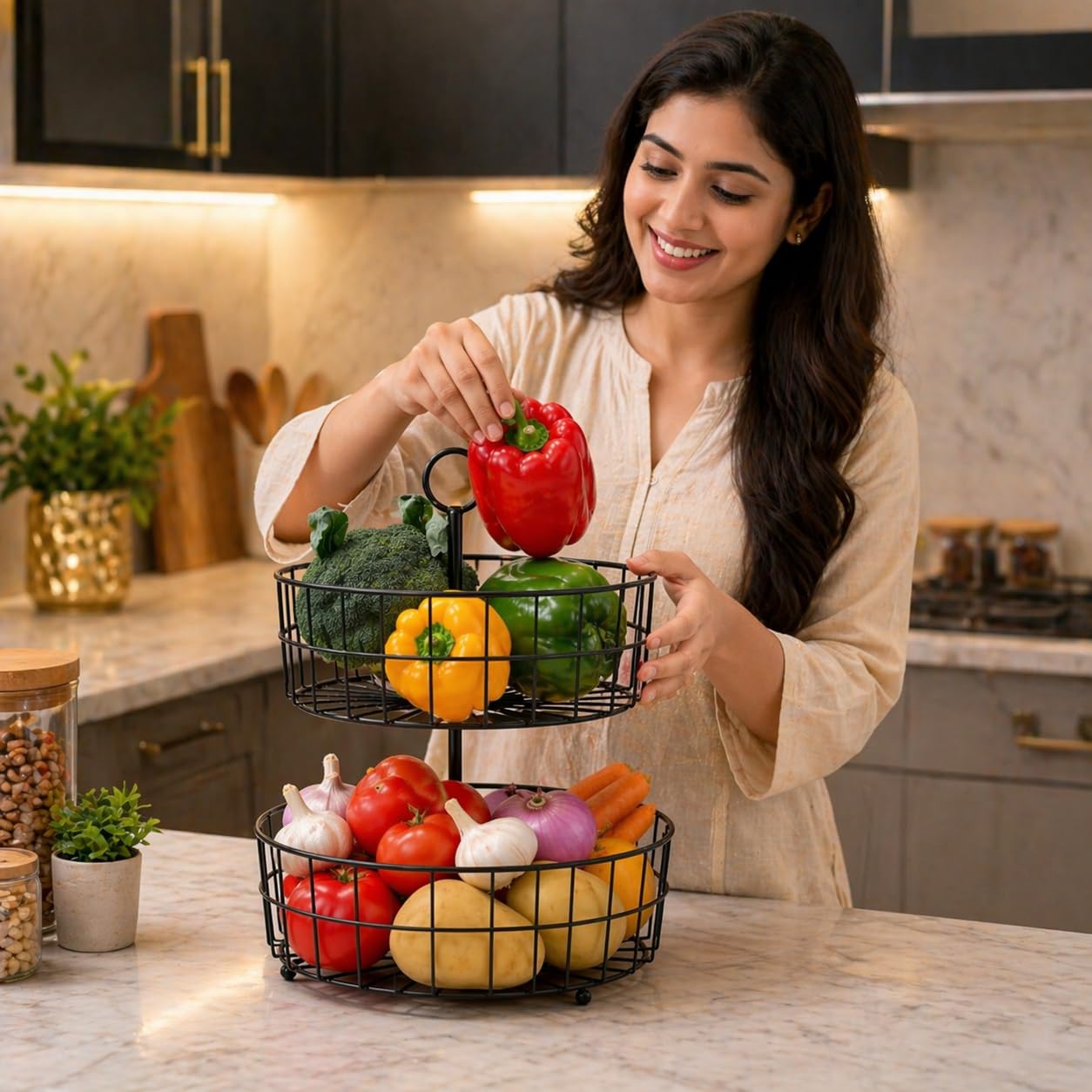 Modern 2 Tier Fruit Basket Stand – Metal Wire Fruit Holder for Kitchen Countertop | Multi-Purpose Storage Basket