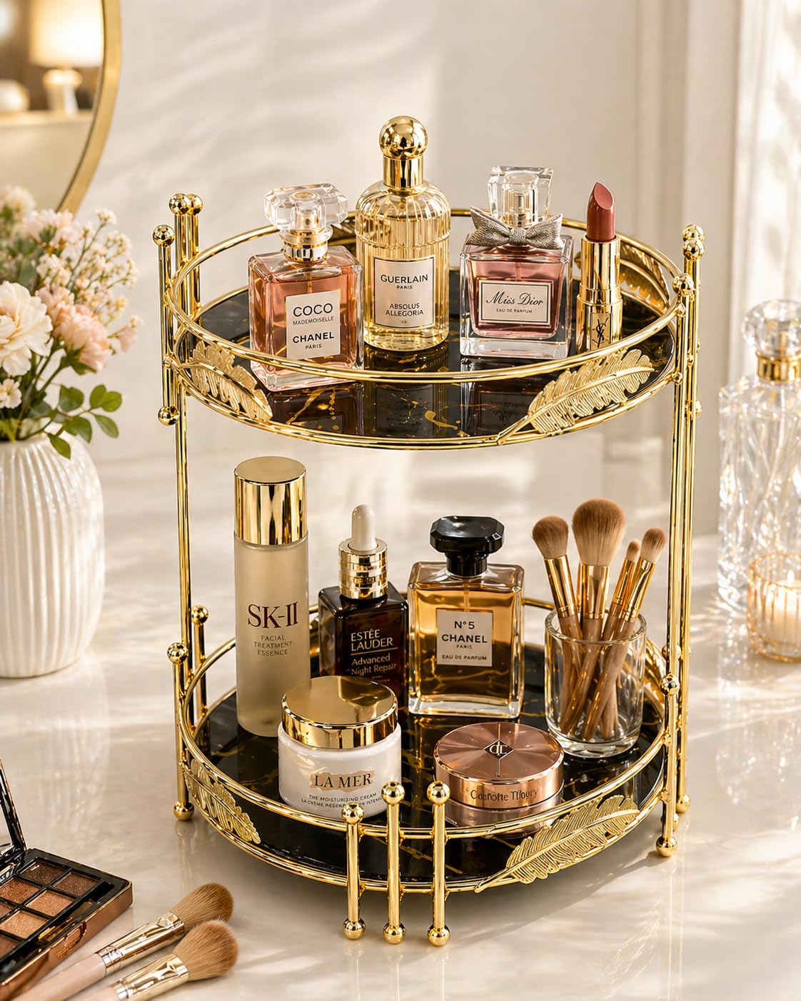Elegant Black Vanity Organizer with Gold Metal Frame – Luxury 2 Tier Makeup & Skincare Storage Stand, Decorative Cosmetic Organizer for Perfume, Jewelry, Bathroom Counter & Dressing Table