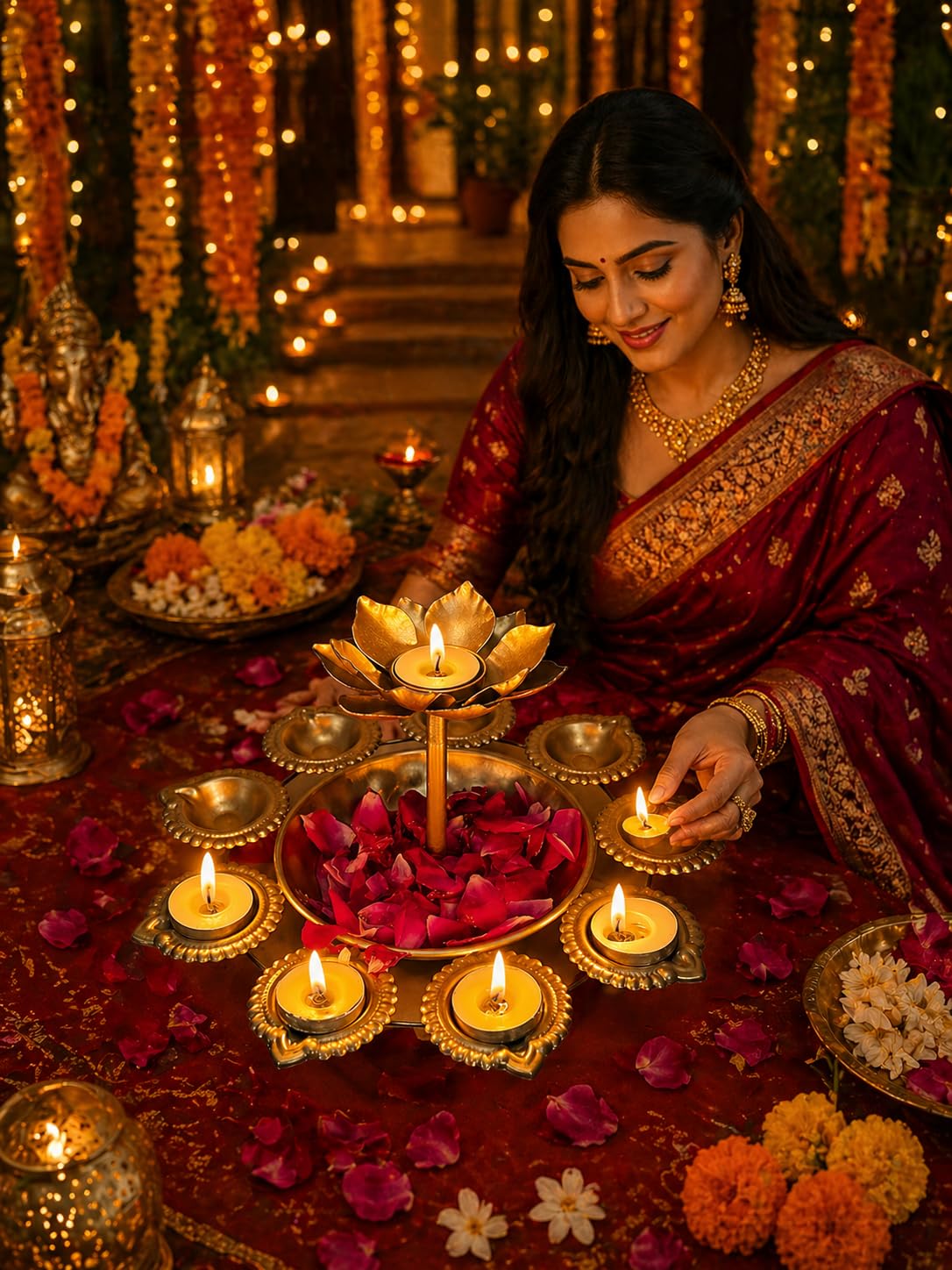 Luxury Metal Lotus Urli Bowl with Diyas | Decorative Floral Floating Urli for Diwali Decoration, Pooja Room, Wedding Centerpiece & Festive Home Decor