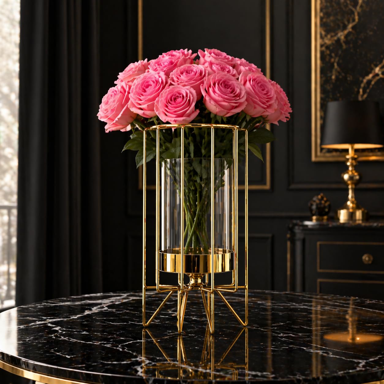 Modern Geometric Gold Vase with Glass Cylinder | Luxury Metal Frame Flower Vase for Elegant Living Room & Contemporary Home Decor