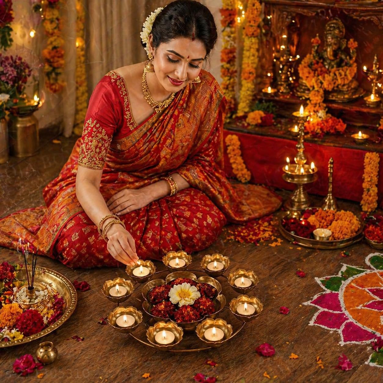 Floral Metal Urli Bowl for Diwali Decoration | Luxury Decorative Lotus Urli for Pooja Room, Wedding Centerpiece, Floating Flower Arrangement & Festive Home Decor
