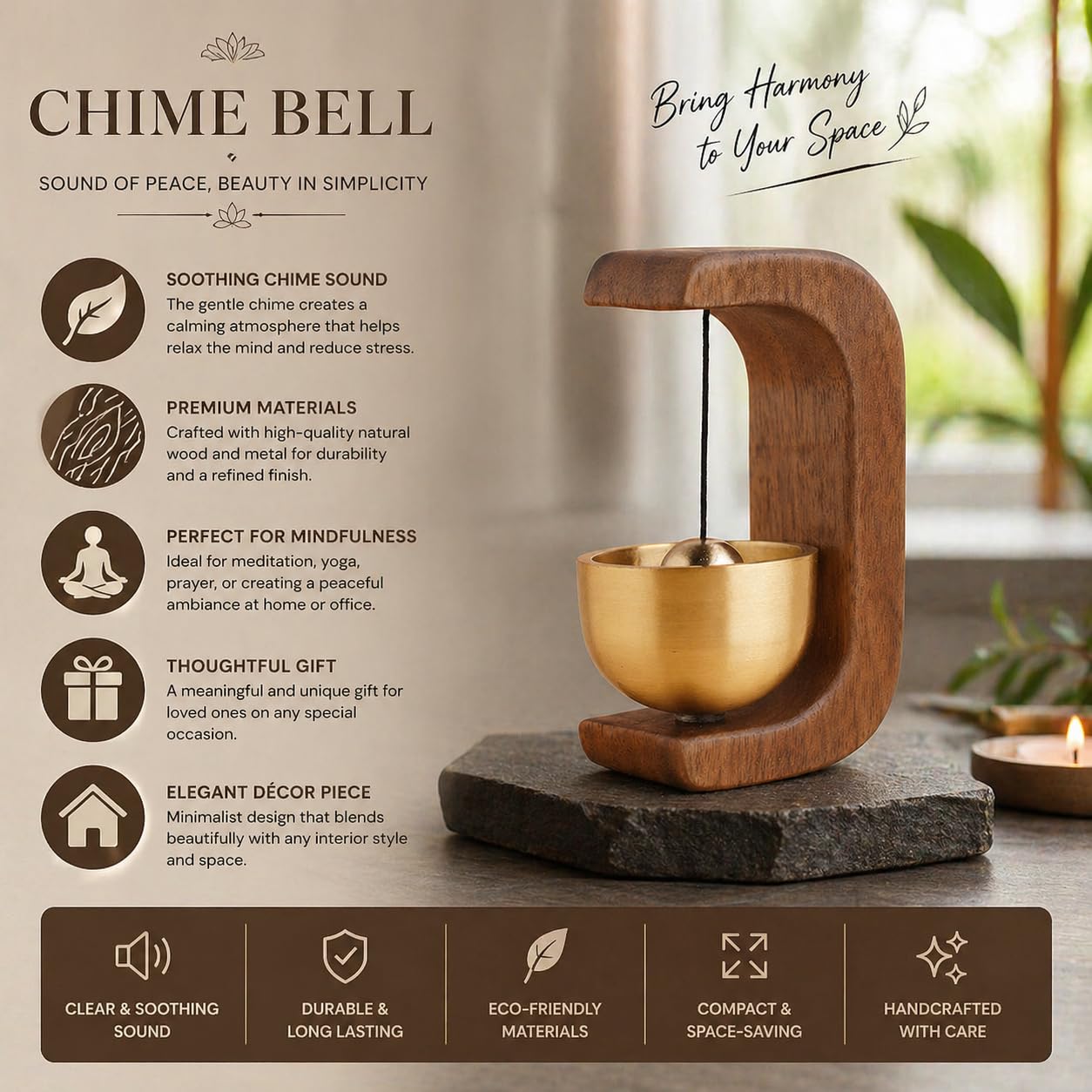 Luxury Wooden Wind Chime Bell for Meditation & Home Decor | Elegant Zen metal  Bell Ornament with Minimalist Wooden Design