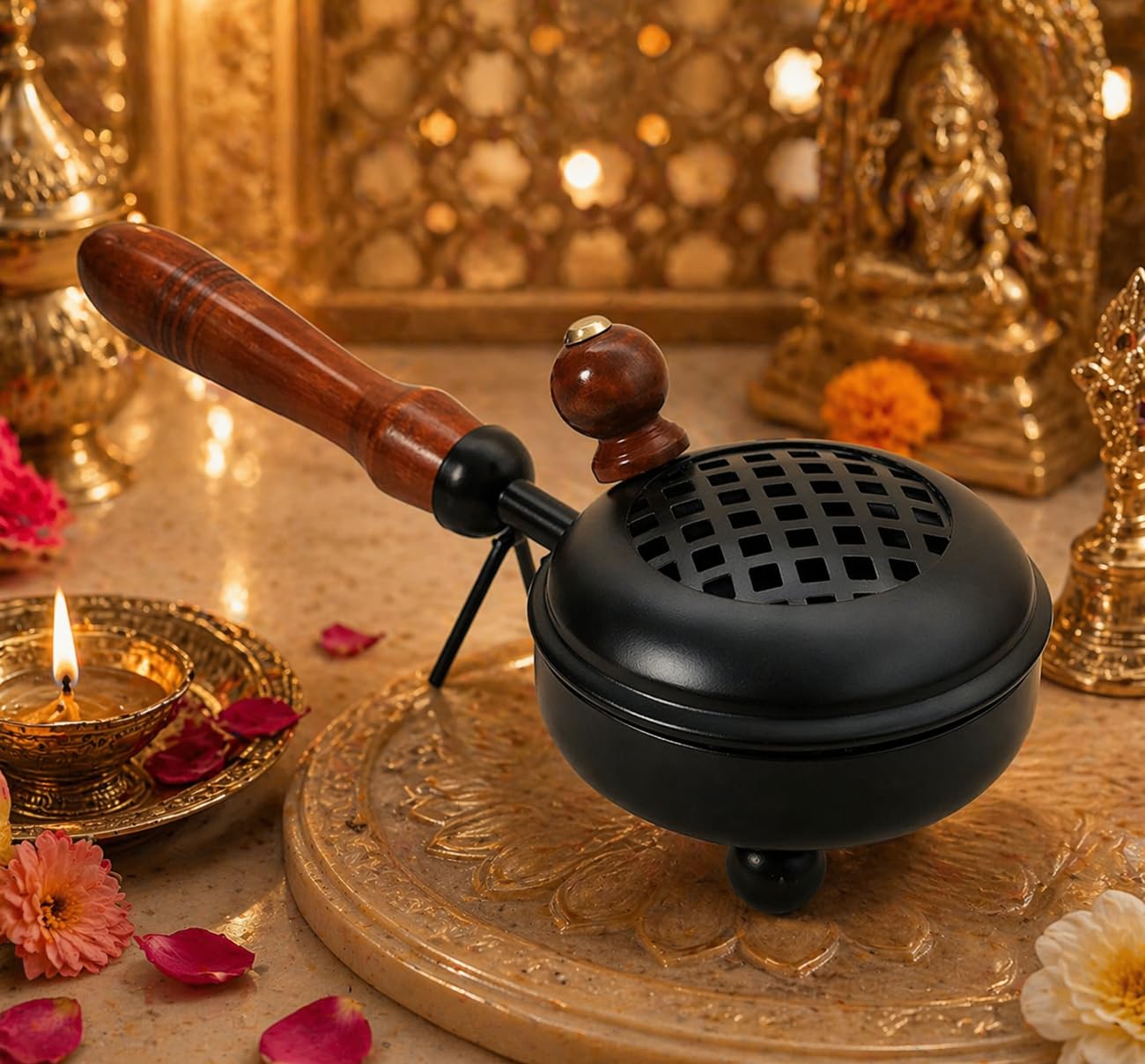 Metal Loban Burner with Wooden Handle | Black Dhoop Dani | Incense Burner for Home, Pooja & Aromatherapy