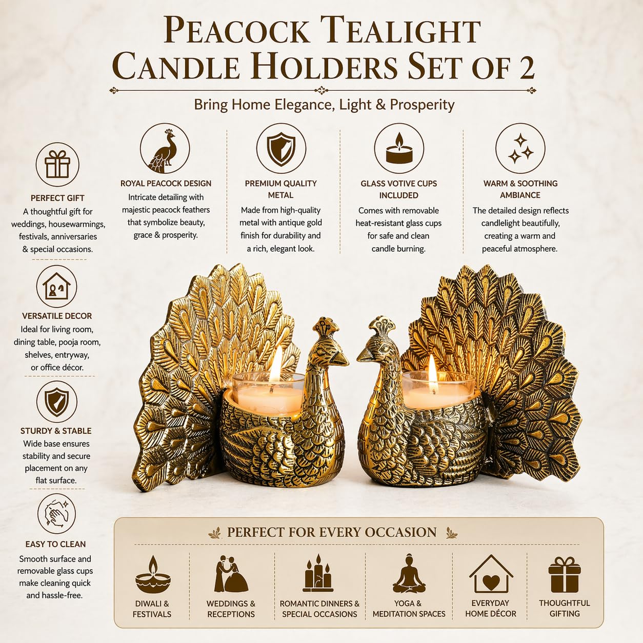 Luxury Aluminium Peacock Candle Holder Set – Antique Gold Metal Peacock Tealight Holder for Home Decor, Wedding Table Centerpiece & Diwali Decoration