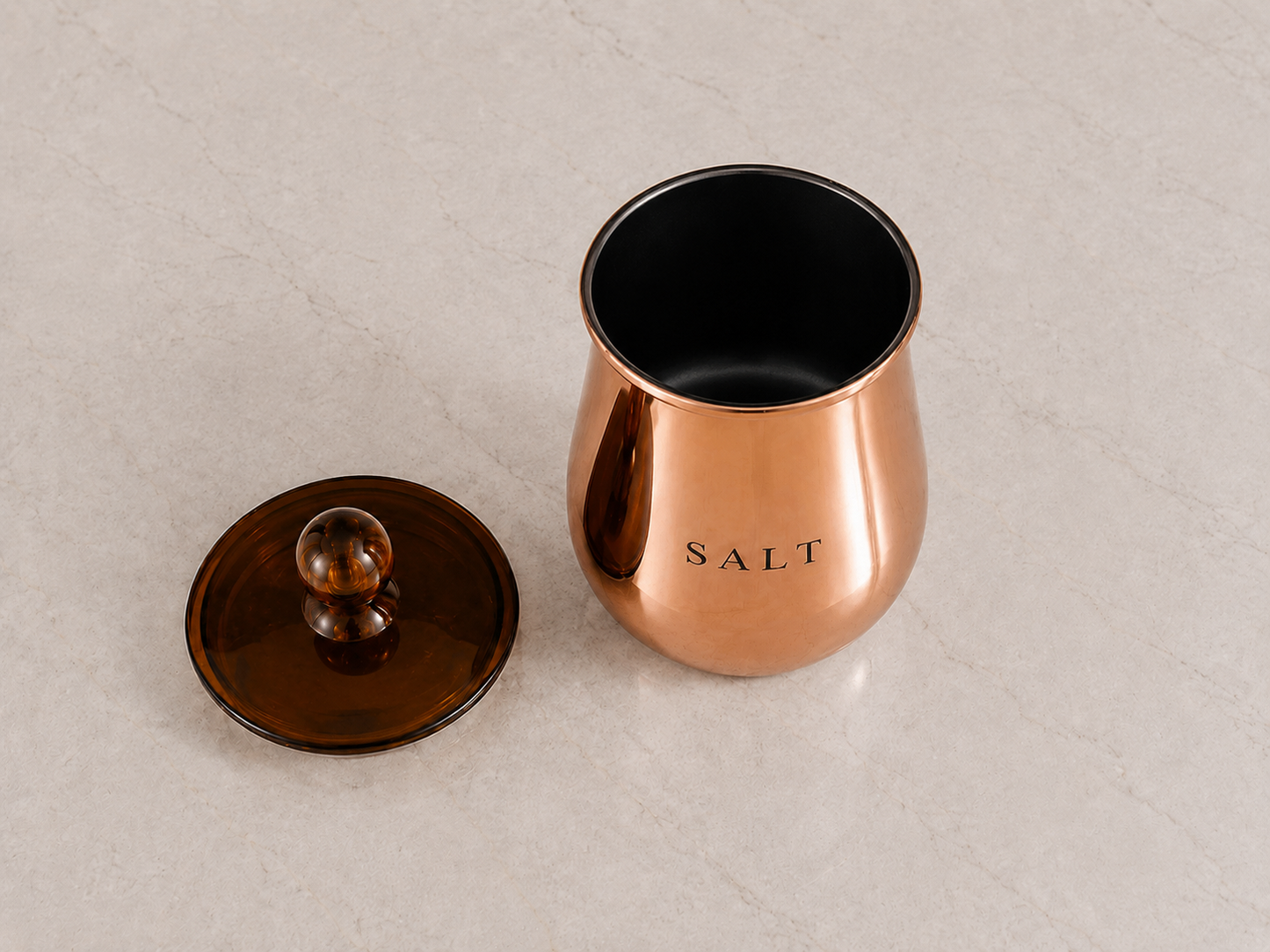Premium Copper-Finish Metal Salt Storage Container with Decorative Knob Lid for Kitchen
