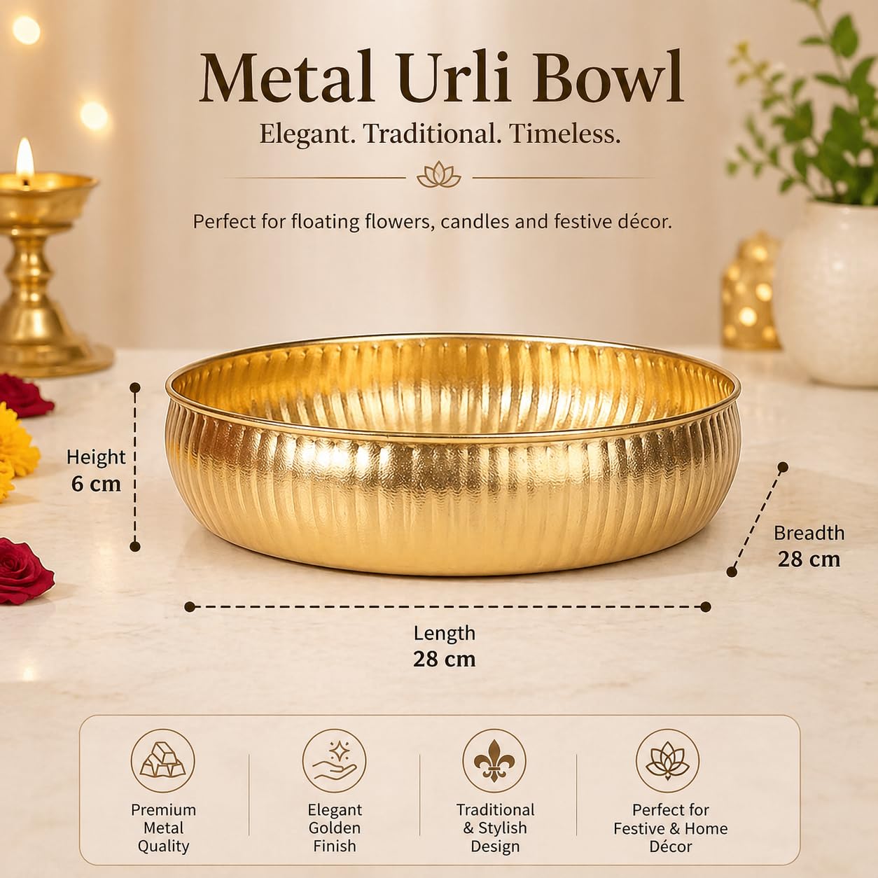 Luxury Decorative Bowl for Home & Table Decor – Elegant Gold Metal Serving Bowl for Floating Flowers, Candles, Potpourri, Centerpiece Decoration & Modern Dining Display