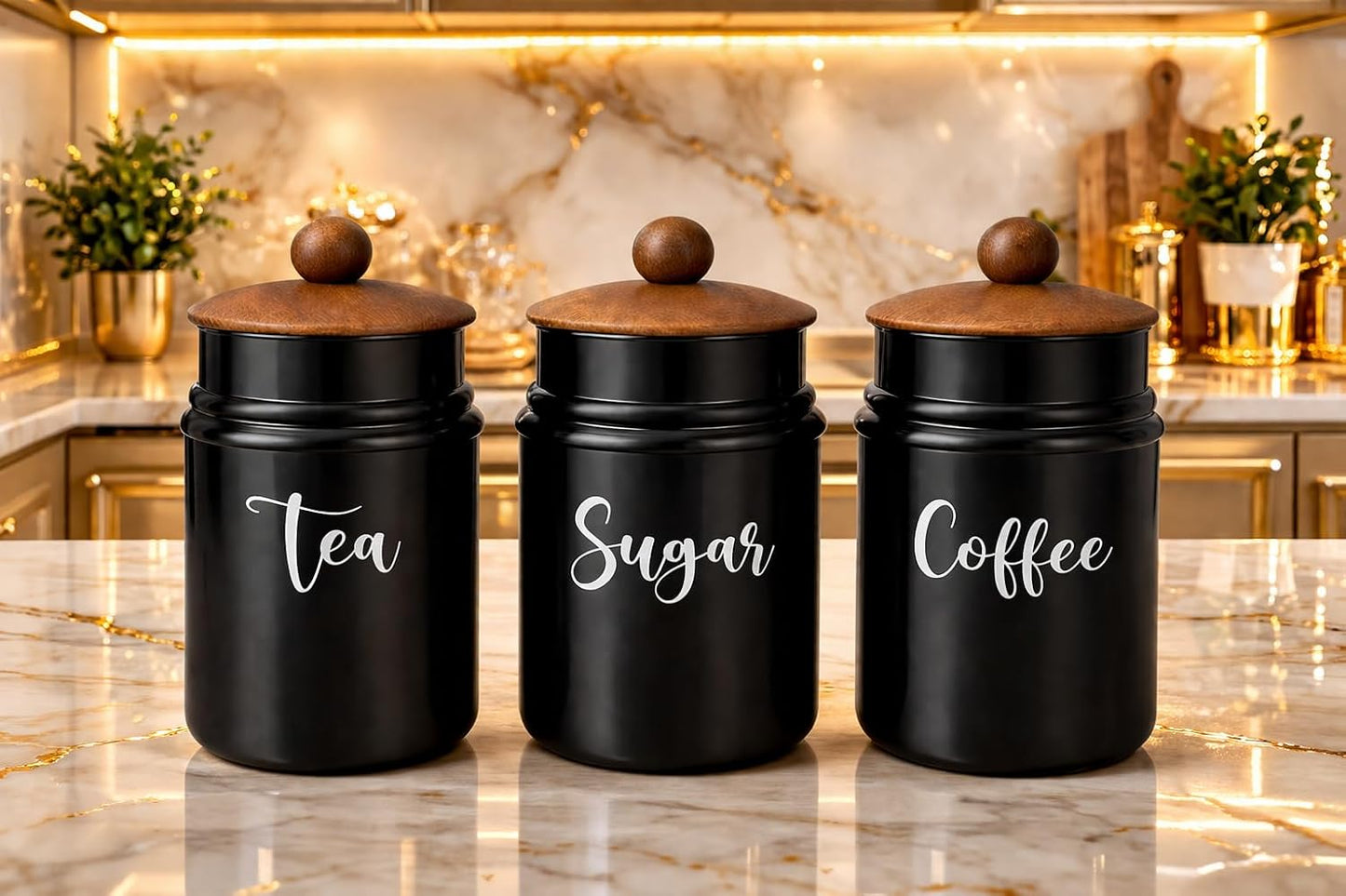 Matte Black Metal Kitchen Canister Set with Wooden Lids – Tea, Sugar & Coffee Storage Containers, Airtight Countertop Jars for Modern Kitchen Decor