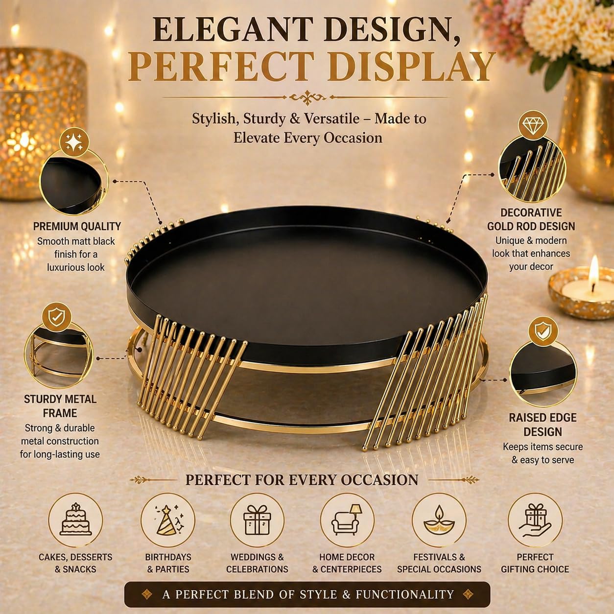 Luxury Metal Cake Stand | Black Round Dessert Display with Gold Finish Base | Elegant Serving Tray for Wedding, Birthday & Home Décor