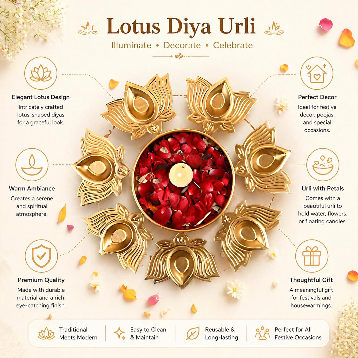 Lotus Diya Urli Bowl for Diwali Decoration | Decorative Metal Diya Urli with Floral Festival Design for Pooja Room, Wedding Centerpiece & Traditional Home Decor