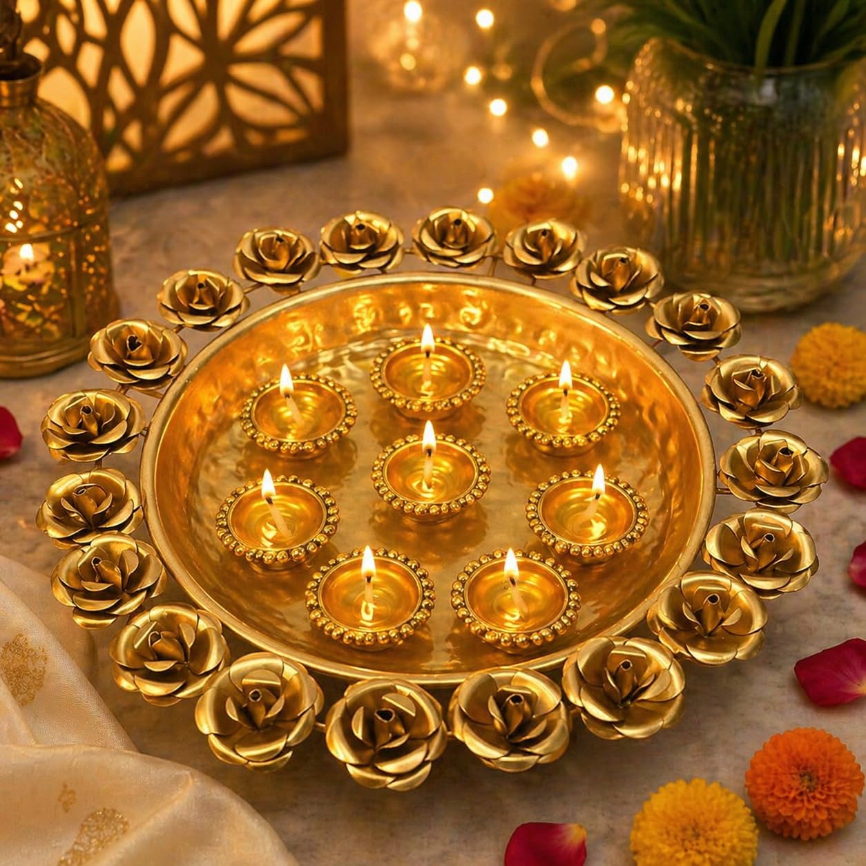 Elegant Floral Urli Bowl with Diyas – Luxury Decorative Metal Urli for Diwali, Pooja & Festive Home Decoration, Floating Candle Bowl, Rose Design Urli Centerpiece for Table & Mandir Decor
