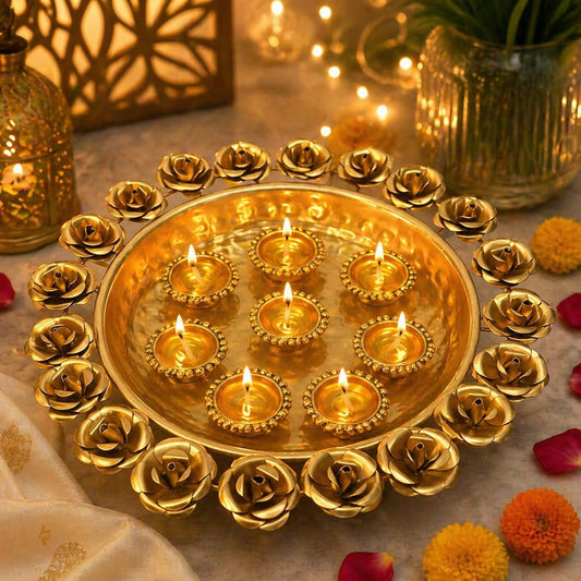Elegant Floral Urli Bowl with Diyas – Luxury Decorative Metal Urli for Diwali, Pooja & Festive Home Decoration, Floating Candle Bowl, Rose Design Urli Centerpiece for Table & Mandir Decor