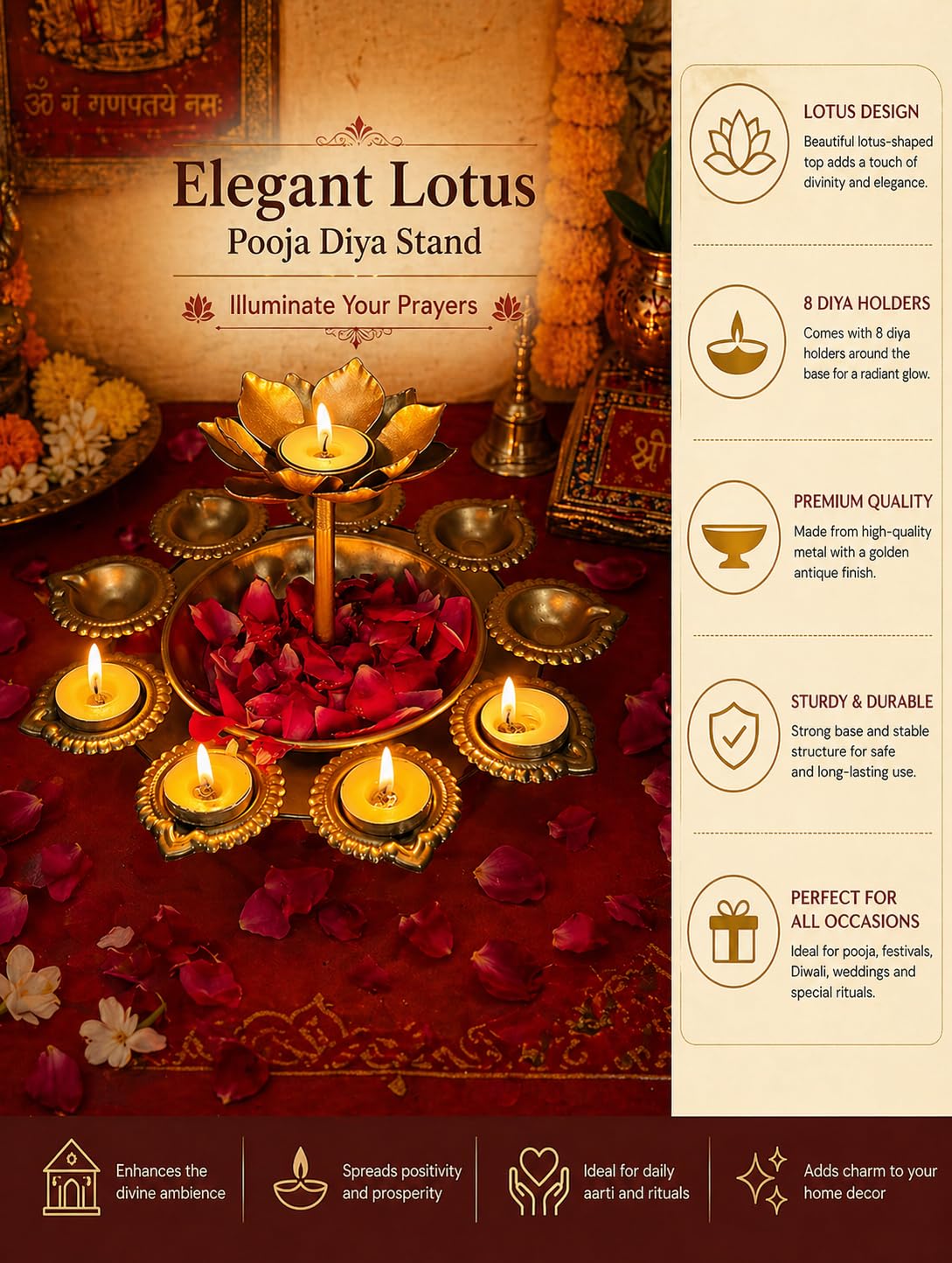 Luxury Metal Lotus Urli Bowl with Diyas | Decorative Floral Floating Urli for Diwali Decoration, Pooja Room, Wedding Centerpiece & Festive Home Decor