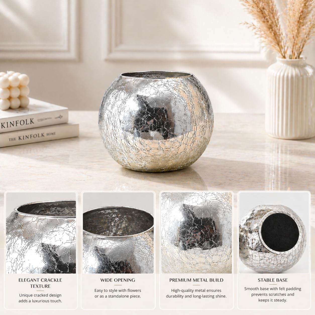 Luxury Silver Crackle Vase | Elegant Mercury Glass Decorative Vase for Modern Living Room & Contemporary Home Decor