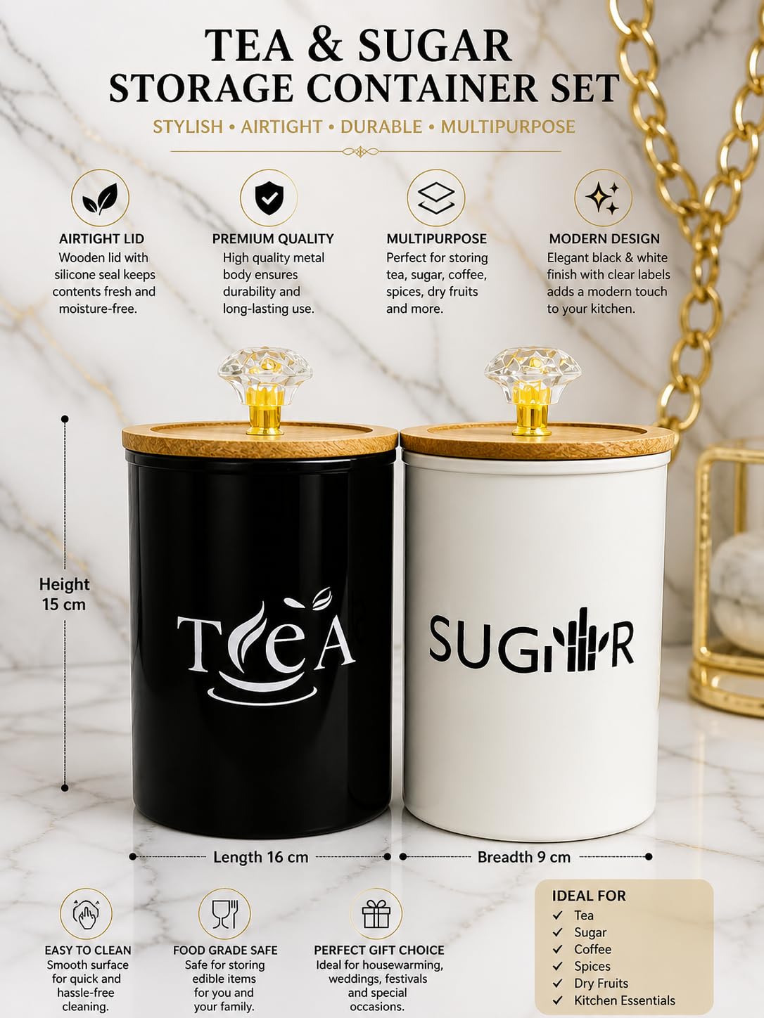 Metal Tea & Sugar Canister Set with Wooden Lids