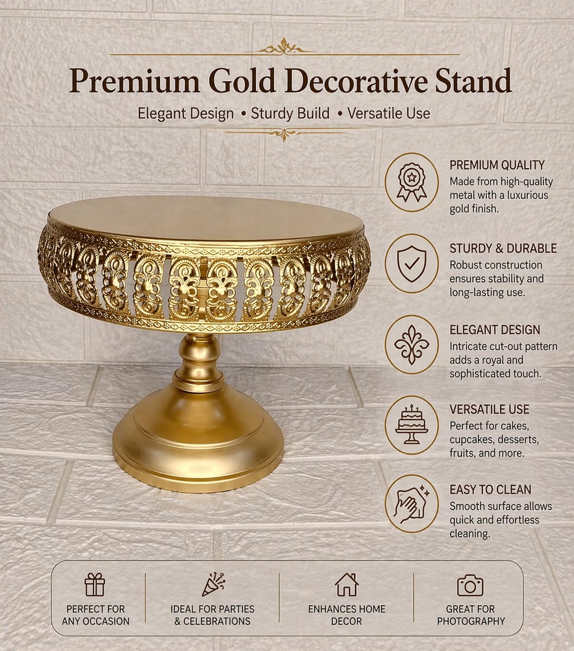 Antique Metal Cake Stand | Vintage Gold Pedestal Dessert Display | Ornate Engraved Royal Serving Platter for Wedding & Festive Styling