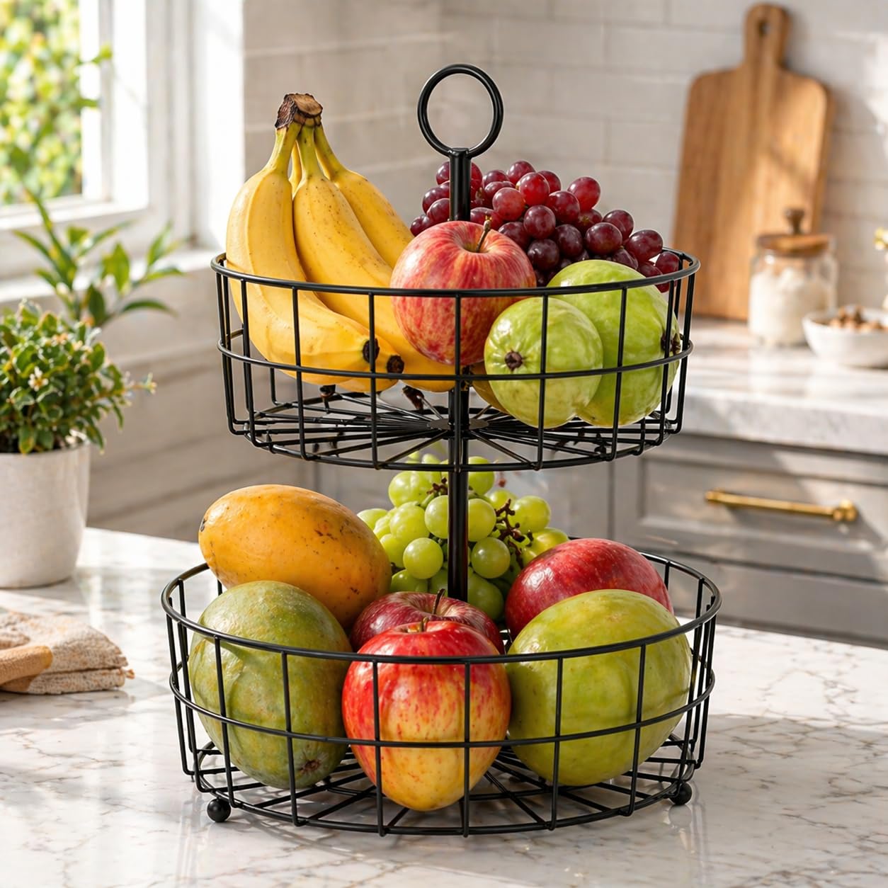 Modern 2 Tier Fruit Basket Stand – Metal Wire Fruit Holder for Kitchen Countertop | Multi-Purpose Storage Basket