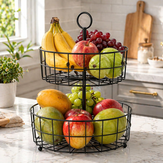 Modern 2 Tier Fruit Basket Stand – Metal Wire Fruit Holder for Kitchen Countertop | Multi-Purpose Storage Basket