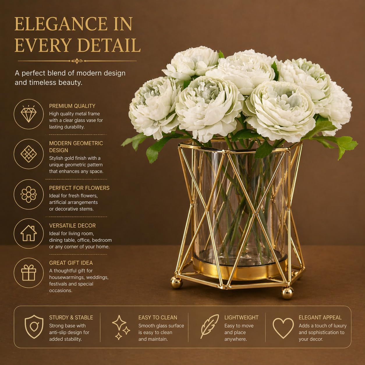 Luxury Gold Metal Vase with Crystal Glass | Modern Geometric Decorative Flower Vase for Living Room, Center Table & Home Decor