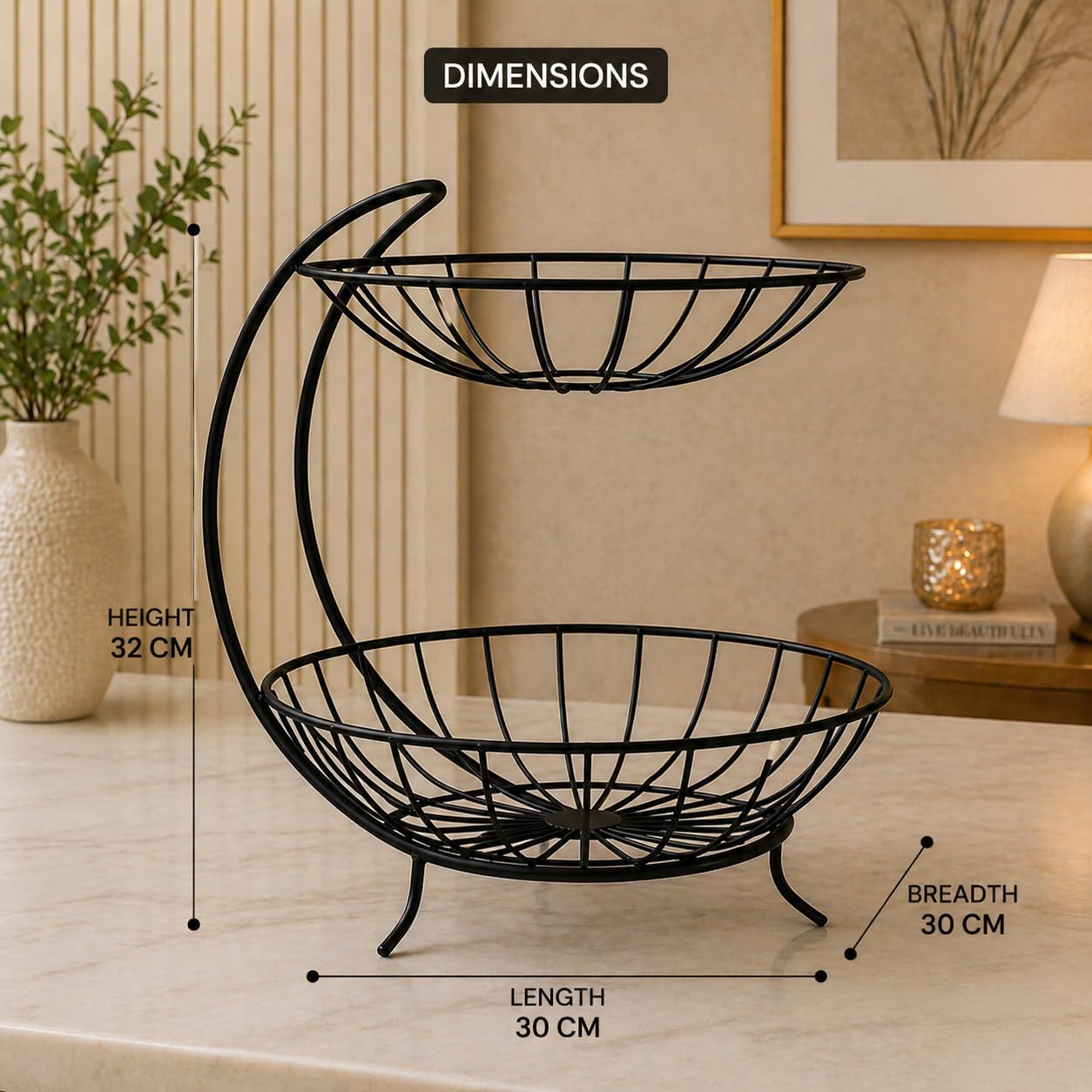 2 Tier Fruit Basket Stand – Space Saving Metal Wire Fruit Holder for Kitchen Counter, Stylish Storage Organizer