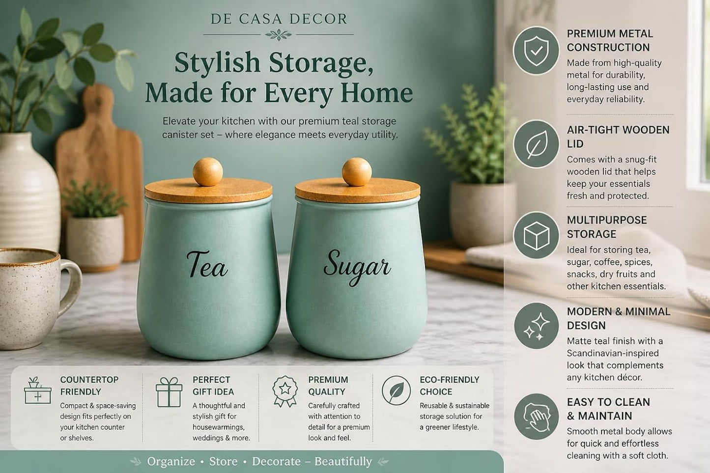 Teal Metal Tea Sugar Container Set | Airtight Kitchen Storage Canister with Wooden Lid | Aqua Green Tea Coffee Sugar Holder | Modern Countertop Organizer for Home Kitchen