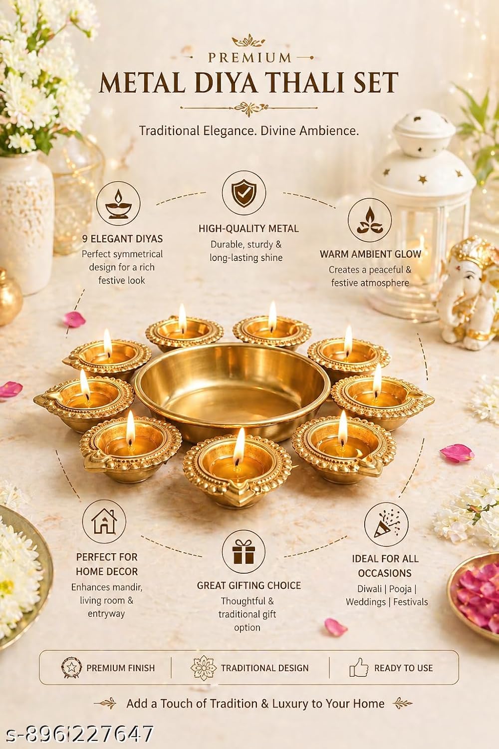 Premium Urli Diya Set for Diwali & Pooja Decoration – Elegant Metal Diya Thali Set with Decorative Diyas for Home Temple, Festive Table Decor, Floating Flower Urli & Traditional Festival Decoration