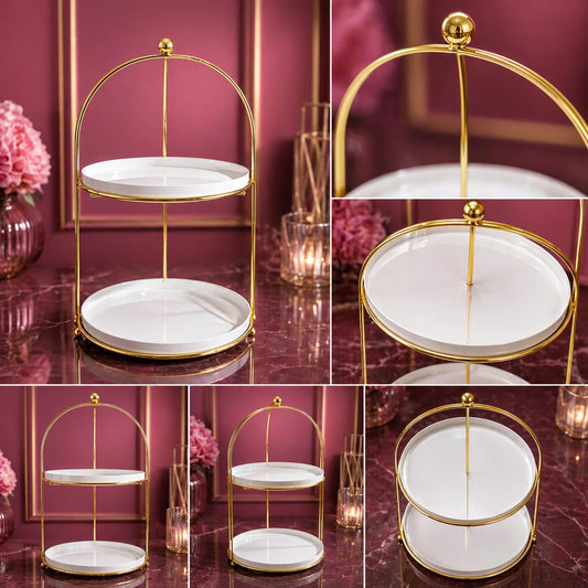 2-Tier Vanity Organizer Stand | Luxury Gold Metal Cosmetic Storage Rack with White Trays | Elegant Makeup, Perfume & Skincare Organizer for Bedroom, Bathroom & Dressing Table