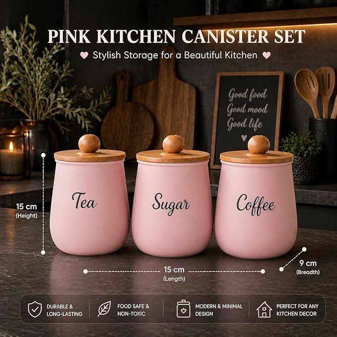 Airtight Pink Metal Tea Coffee Sugar Canisters Set with Wooden Lids – Stylish Kitchen Storage Containers for Countertop Organization & Fresh Food Storage