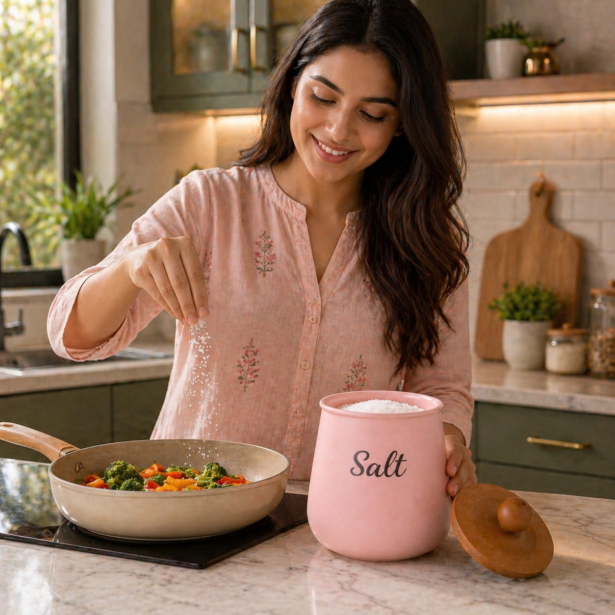 Pink Metal Salt Container – Stylish Kitchen Countertop Salt Storage with Wooden Lid, Modern Decorative Salt Holder for Home Organizer