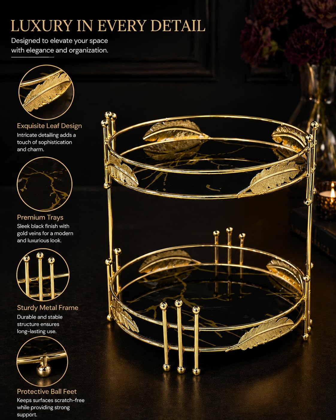 Elegant Black Vanity Organizer with Gold Metal Frame – Luxury 2 Tier Makeup & Skincare Storage Stand, Decorative Cosmetic Organizer for Perfume, Jewelry, Bathroom Counter & Dressing Table