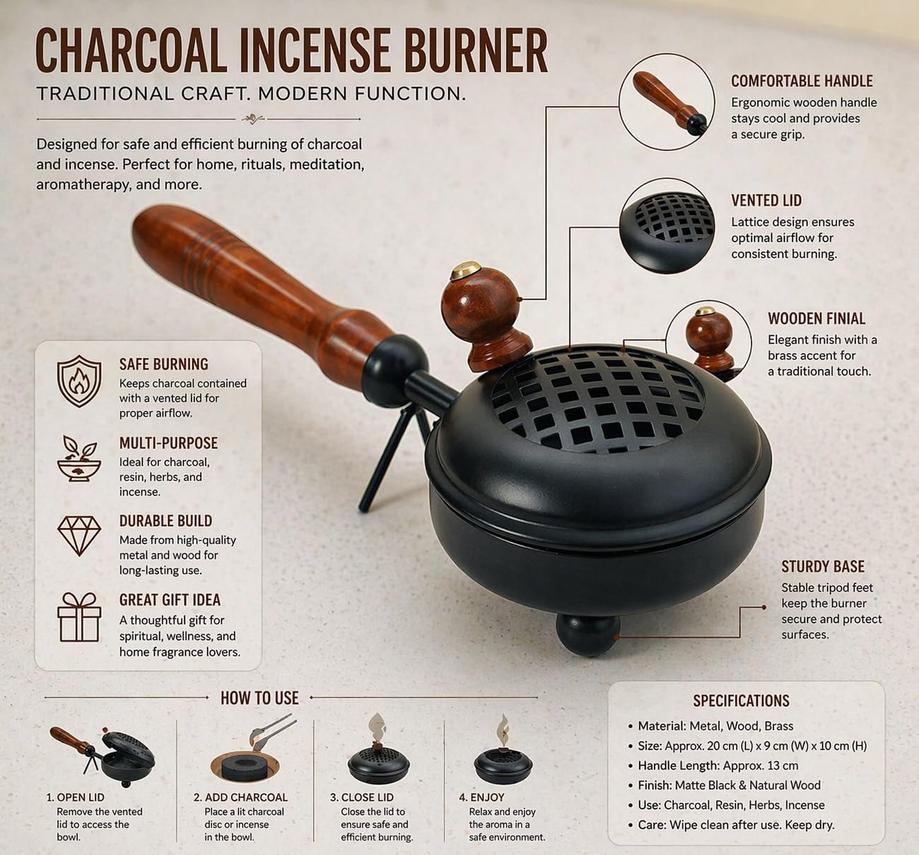 Metal Loban Burner with Wooden Handle | Black Dhoop Dani | Incense Burner for Home, Pooja & Aromatherapy