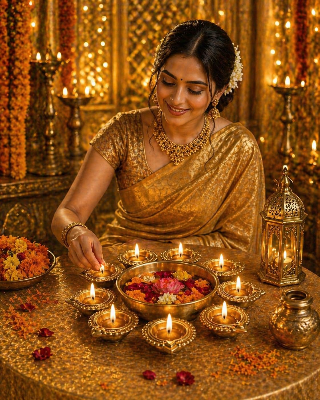 Premium Urli Diya Set for Diwali & Pooja Decoration – Elegant Metal Diya Thali Set with Decorative Diyas for Home Temple, Festive Table Decor, Floating Flower Urli & Traditional Festival Decoration