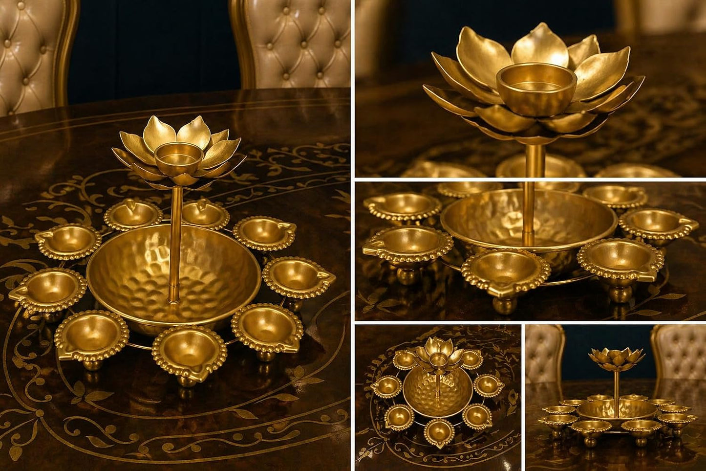 Luxury Metal Lotus Urli Bowl with Diyas | Decorative Floral Floating Urli for Diwali Decoration, Pooja Room, Wedding Centerpiece & Festive Home Decor