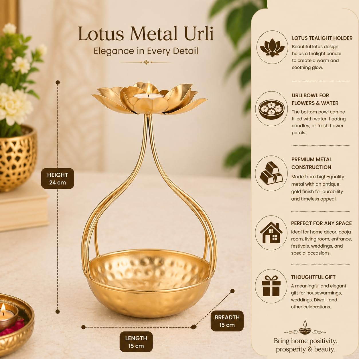 Elegant Metal Decorative Urli Bowl – Luxury Metal Urli for Floating Candles, Pooja Decoration, Festive Table Decor, Spiritual Home Accent & Diwali Decoration