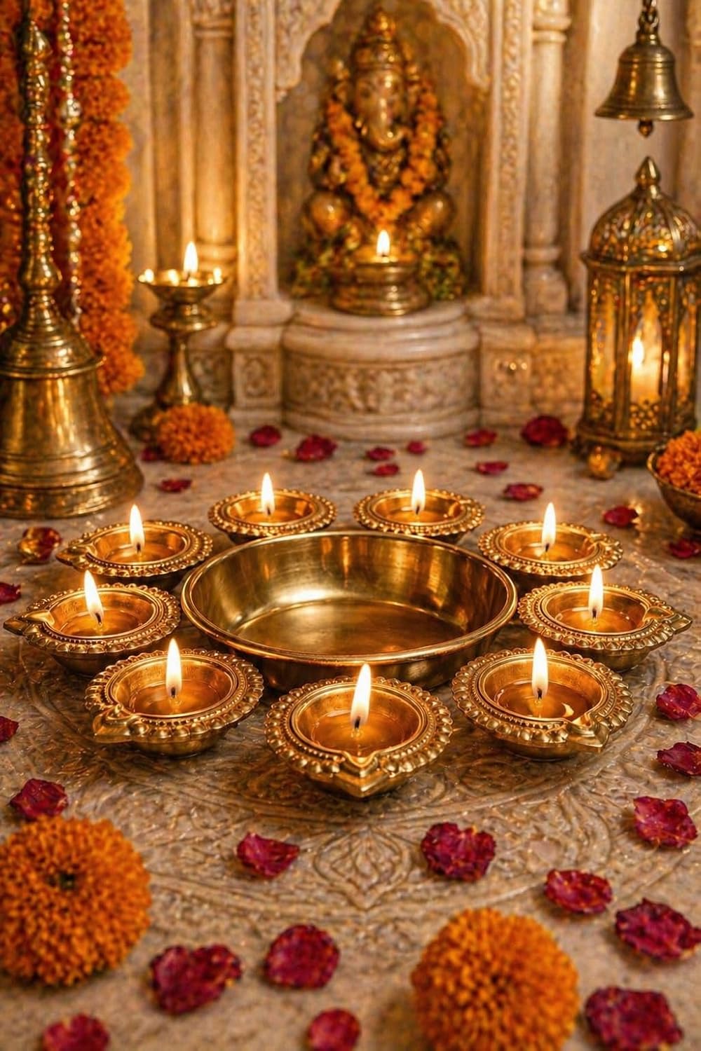 Premium Urli Diya Set for Diwali & Pooja Decoration – Elegant Metal Diya Thali Set with Decorative Diyas for Home Temple, Festive Table Decor, Floating Flower Urli & Traditional Festival Decoration